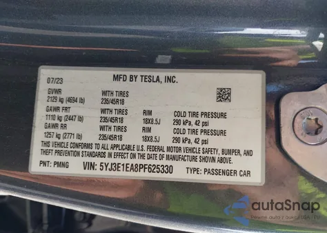 2023 Tesla Model 3 Rear-Wheel Drive from USA, damaged, VIN 5YJ3E1EA8PF625330